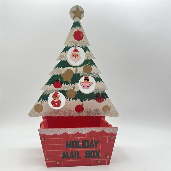 Vtg Wood Christmas Tree Card Holder Holiday Mail Box Kitsch Japan 14" Elf Santa - Picture 1 of 9